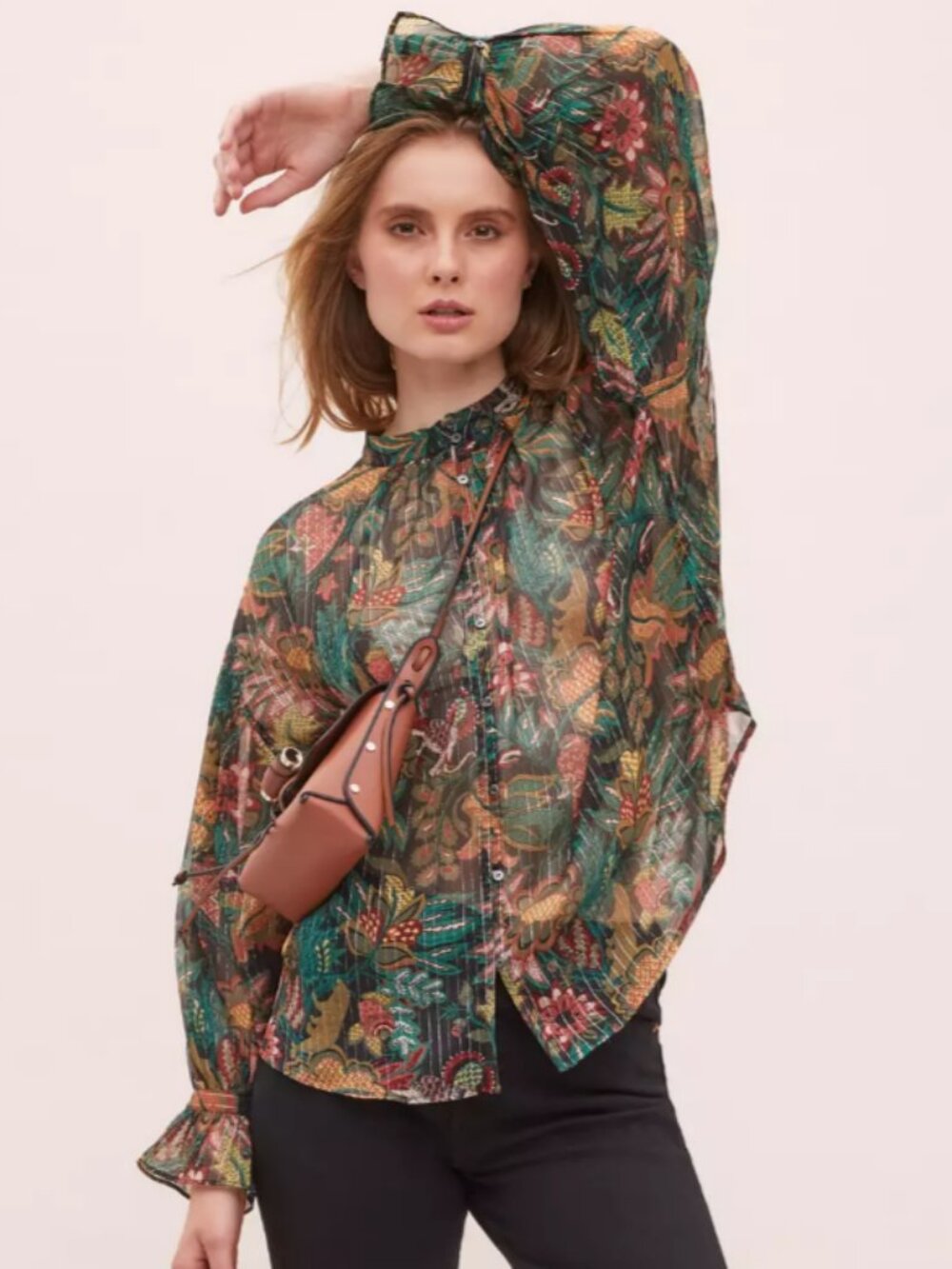 Maison Scotch $ Soda Sheer Elephant Blouse Women's XS Boho High Neck Ruffle Gold